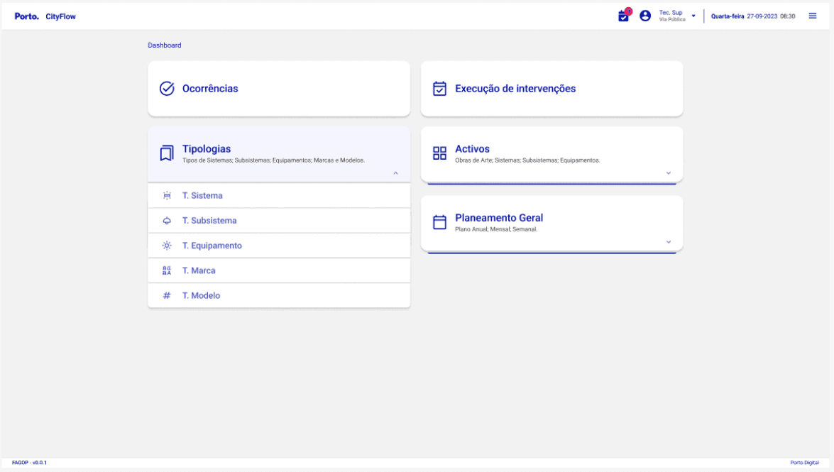 The CityFlow dashboard, with cards for occurrences, execution of interventions, typologies, assets and general planning
