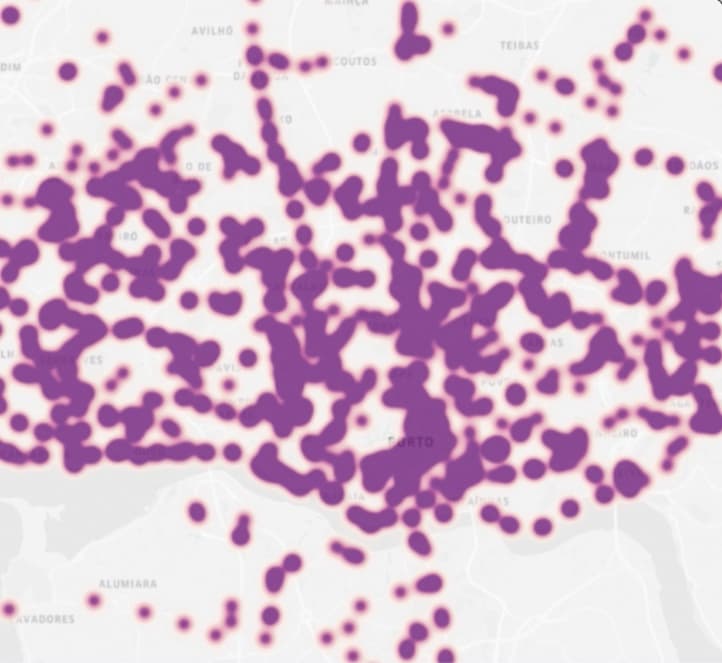 A heatmap of Explore.Porto.pt use, dense across the whole city rather than only the historic centre